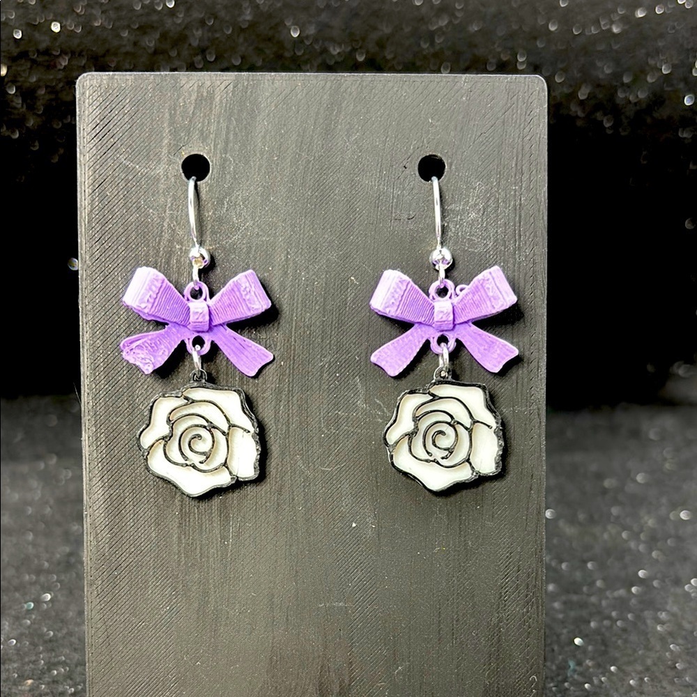 Purple Bow and White Rose Earrings